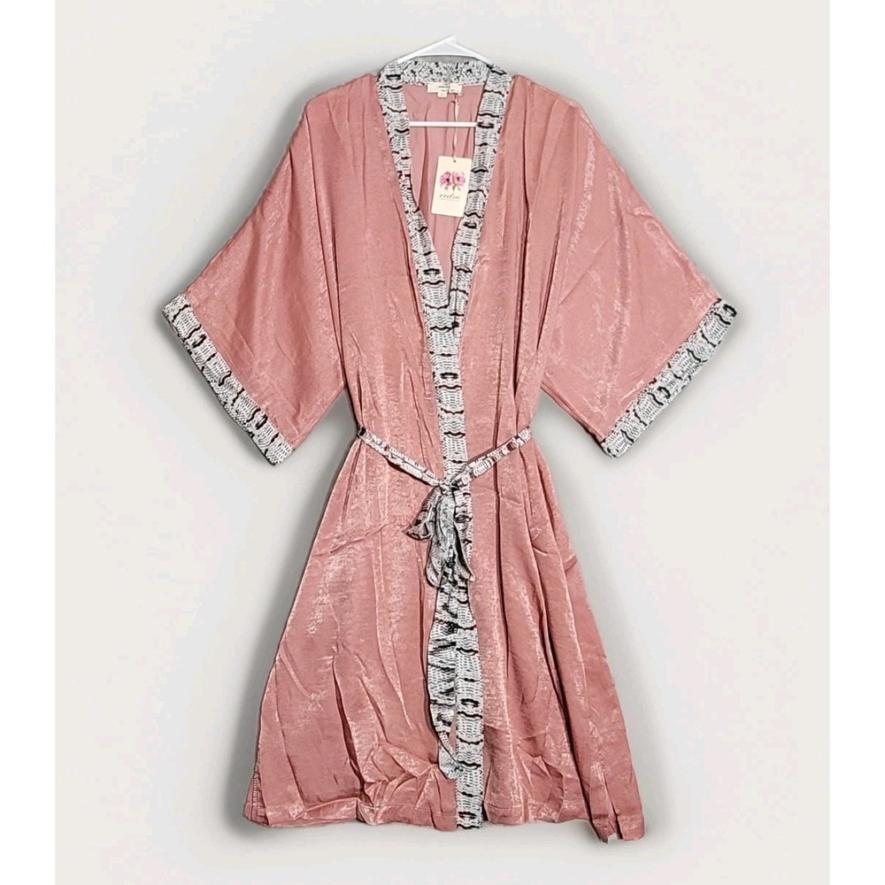 Entro Pink Kimono Silky Robe with Black and White Snakeskin Print Accents Sz S